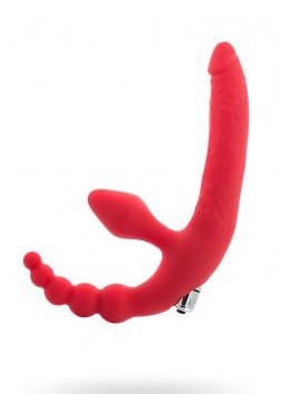 Black &amp; Red, Beltless strapon with vibro-bullet, moisture-resistant, silicone, red 35 cm
