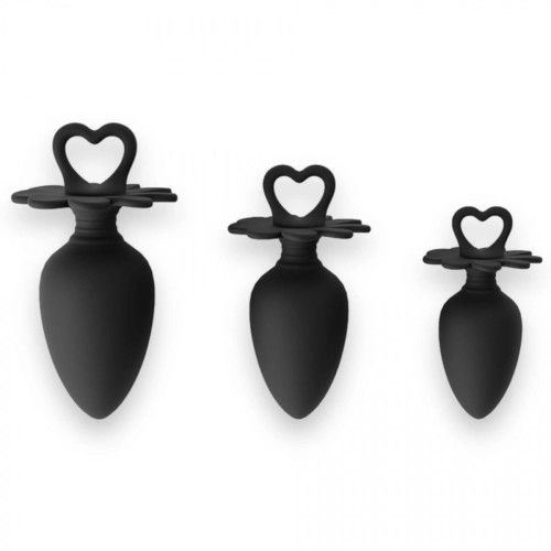 Power Escorts - Heart Plug Anal Starter 3-Pack - S, M &amp; L - Black - quality Silicone - Colour box