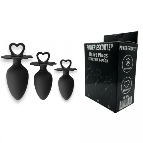 Power Escorts - Heart Plug Anal Starter 3-Pack - S, M &amp; L - Black - quality Silicone - Colour box