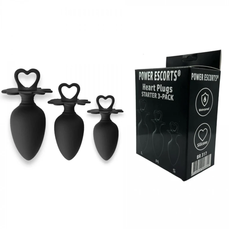 Power Escorts - Heart Plug Anal Starter 3-Pack - S, M &amp; L - Black - quality Silicone - Colour box