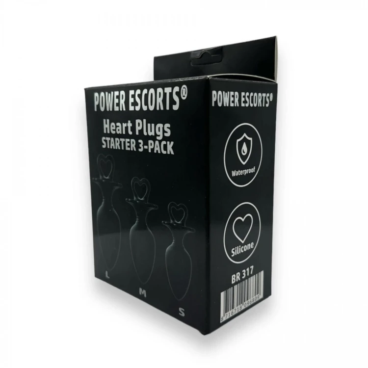 Power Escorts - Heart Plug Anal Starter 3-Pack - S, M &amp; L - Black - quality Silicone - Colour box