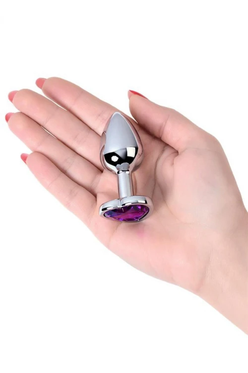 Silver anal plug with purple gem heart-shaped