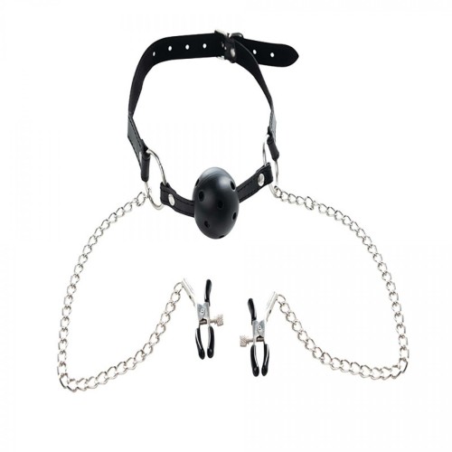 Breathable ball gag with adjustable nipple clamps.