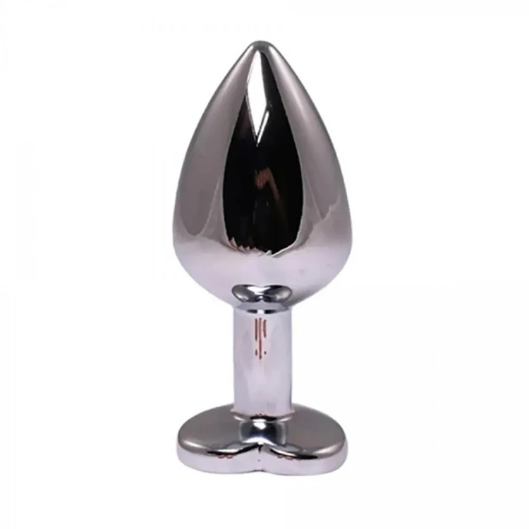 Silver medium heart-shaped butt plug with pink crystal