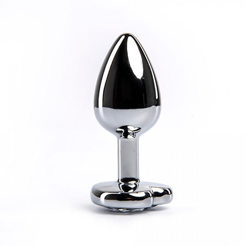 Silver medium heart-shaped butt plug with white crystal