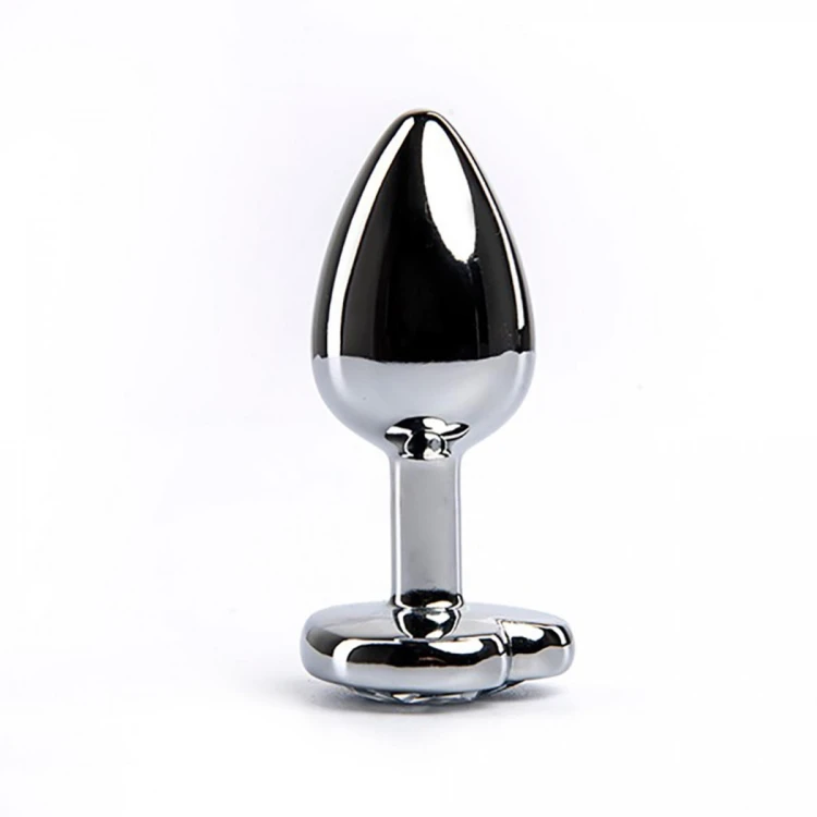 Silver medium heart-shaped butt plug with white crystal