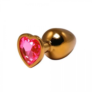 Gold medium heart-shaped butt plug with pink crystal
