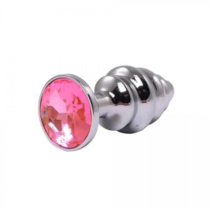 Silver small ribbed butt plug with pink crystal