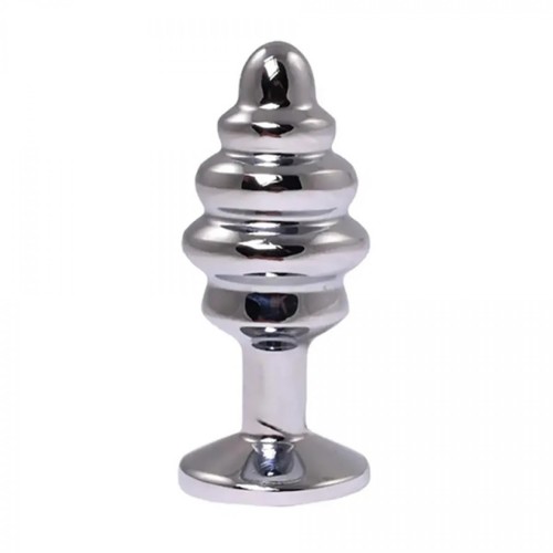 Silver small ribbed butt plug with pink crystal