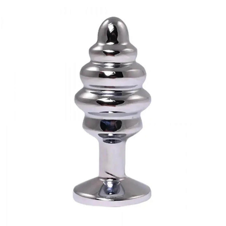 Silver small ribbed butt plug with pink crystal