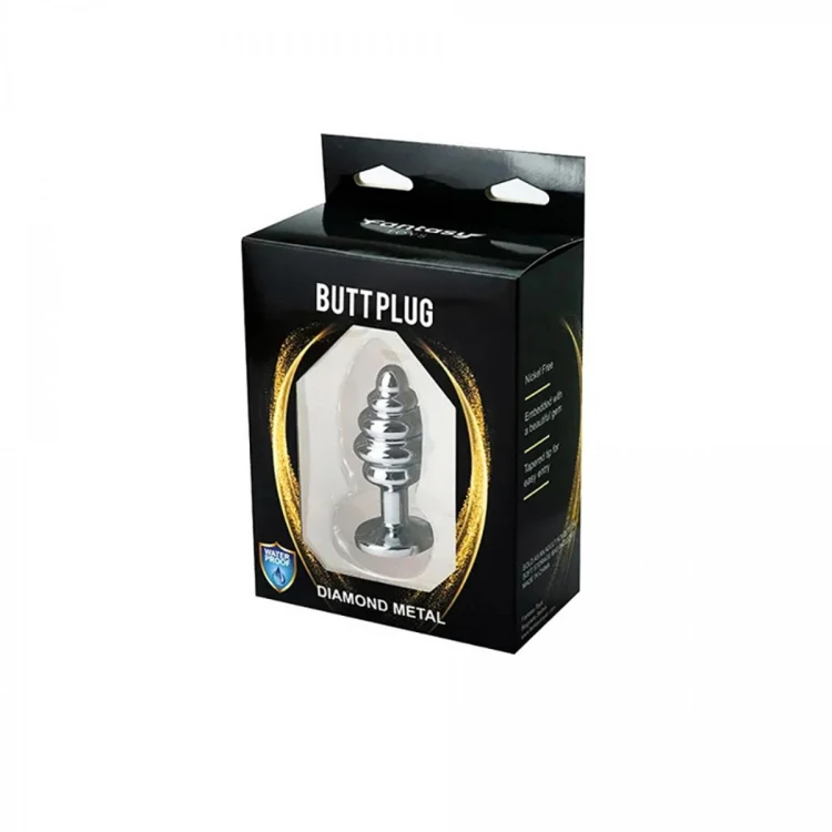 Silver small ribbed butt plug with pink crystal