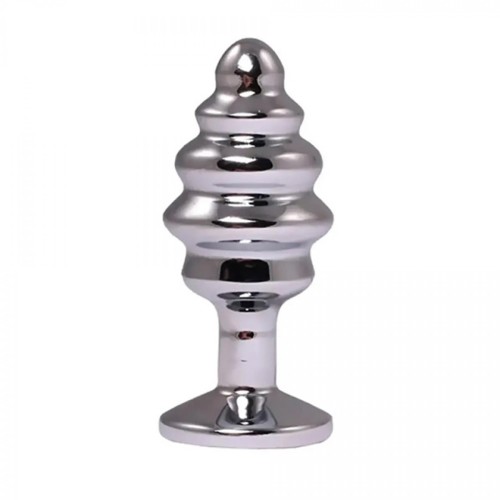 Silver medium ribbed butt plug with red crystal
