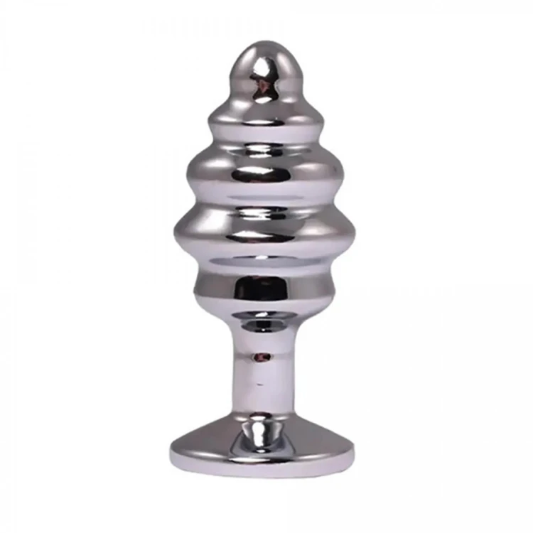 Silver medium ribbed butt plug with red crystal