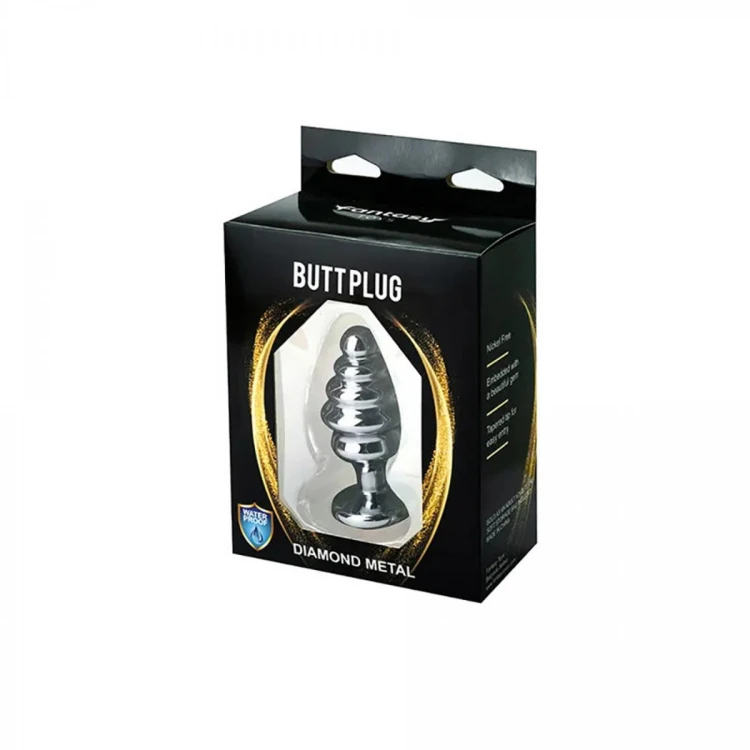 Silver medium ribbed butt plug with red crystal