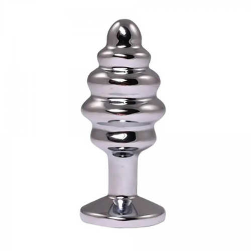 Silver medium ribbed butt plug with white crystal