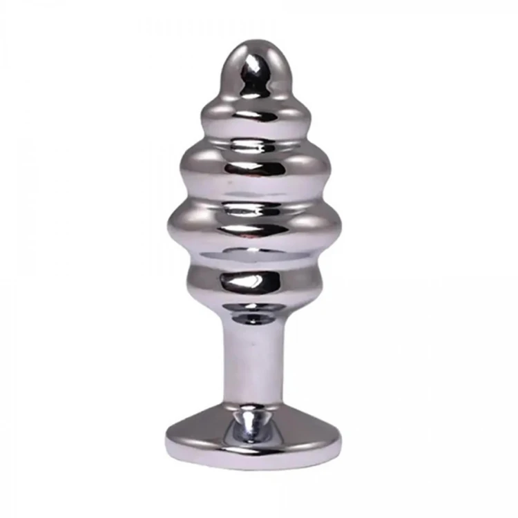 Silver medium ribbed butt plug with white crystal