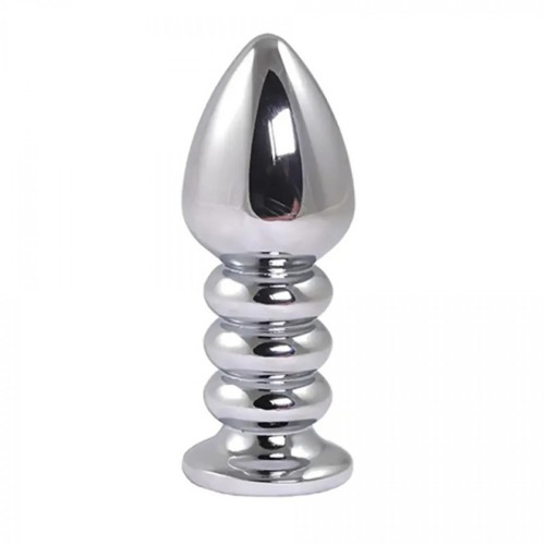 Silver large ribbed butt plug with pink crystal