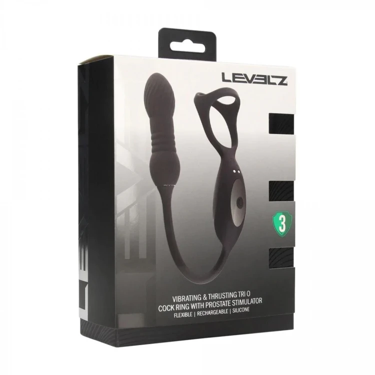 Vibrating and Thrusting Silicone Tri O Cockring with Prostate Stimulator - Black