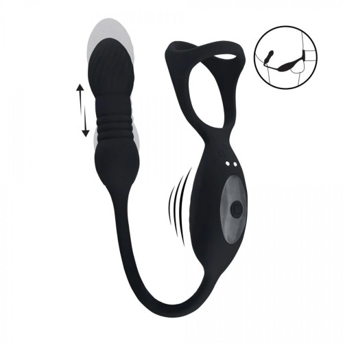 Vibrating and Thrusting Silicone Tri O Cockring with Prostate Stimulator - Black