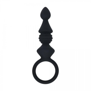 Ribbed Silicone Anal Probe with Loop - Black