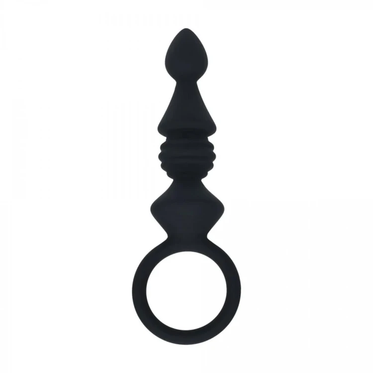 Ribbed Silicone Anal Probe with Loop - Black