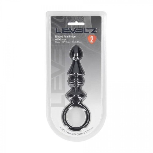 Ribbed Silicone Anal Probe with Loop - Black