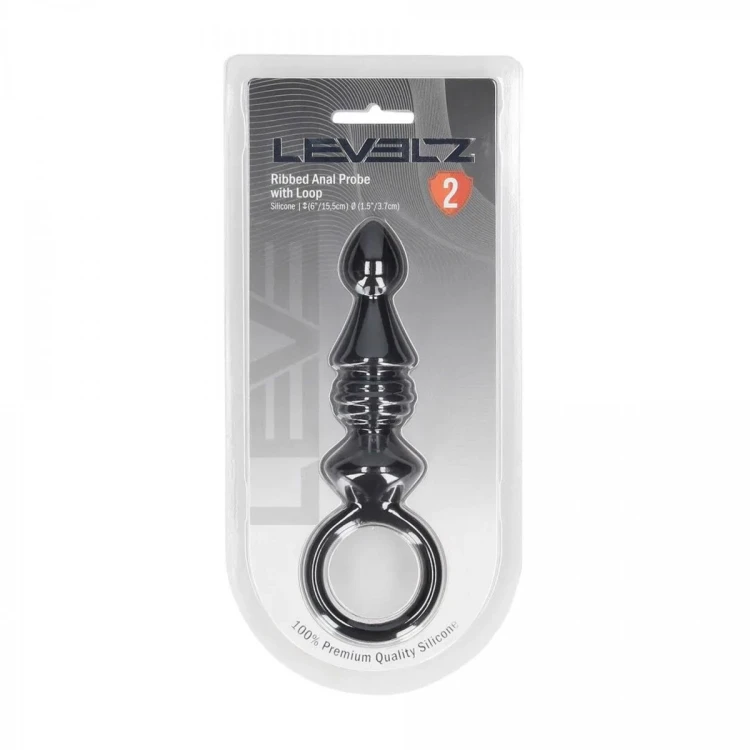 Ribbed Silicone Anal Probe with Loop - Black