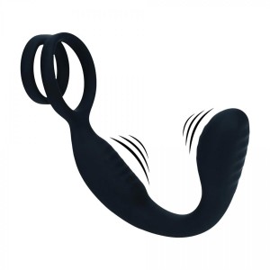 Vibrating Silicone Prostate Stimulator with Cock and Ball Ring - Black
