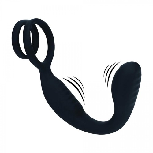 Vibrating Silicone Prostate Stimulator with Cock and Ball Ring - Black