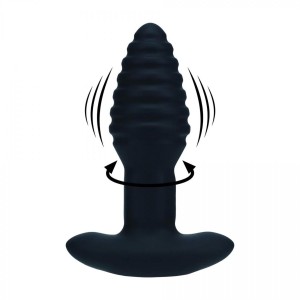 Vibrating and Rotating Ribbed Silicone Anal Plug - Black