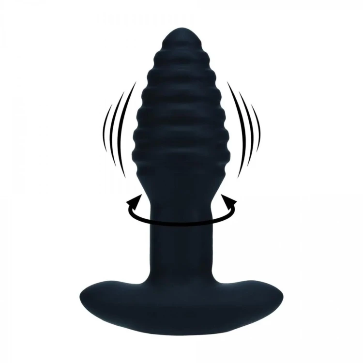 Vibrating and Rotating Ribbed Silicone Anal Plug - Black