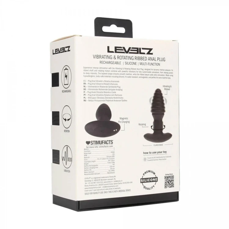 Vibrating and Rotating Ribbed Silicone Anal Plug - Black
