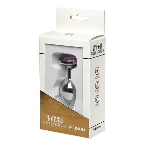 Star Collection - Silver Metal Anal Plug M - Light Pink Stone