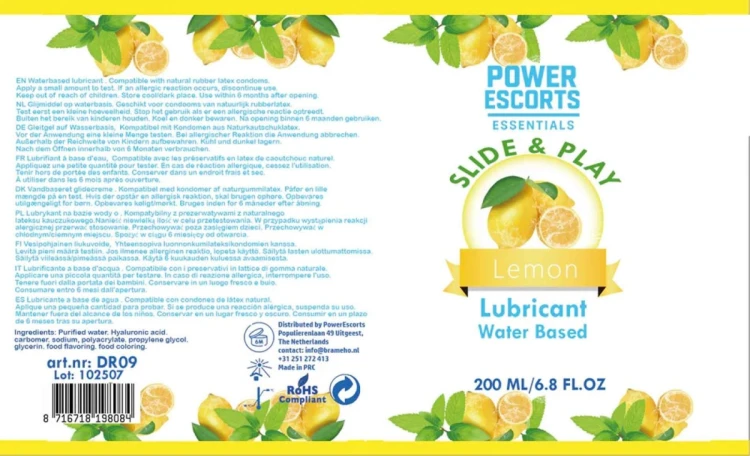 Power Escorts - DR09 - Lemon Water-Based Lubricant 200ml – Slide & Play Personal Lube